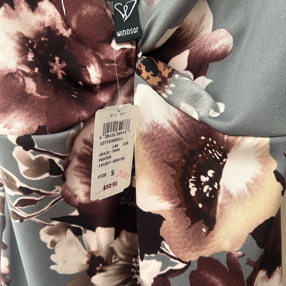 Floral Slip Dress in Gray and Brown - Sleeveless V-Neck - Picture 2 of 3